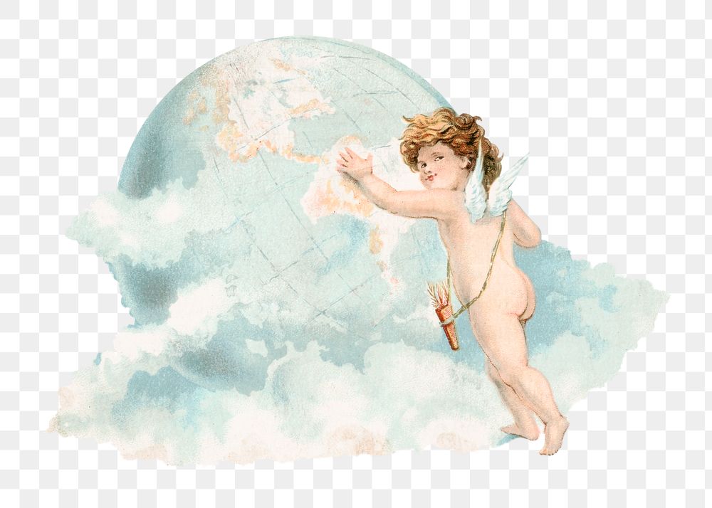 Cherub & globe png watercolor illustration element, transparent background. Remixed from vintage artwork by rawpixel.