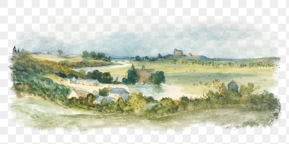 Countryside view png watercolor illustration element, transparent background. Remixed from Antoine Chintreuil artwork, by…
