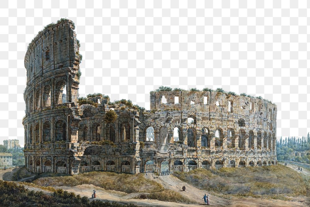The Colosseum png watercolor border, transparent background. Remixed from Louis Rodolphe Ducros artwork, by rawpixel.