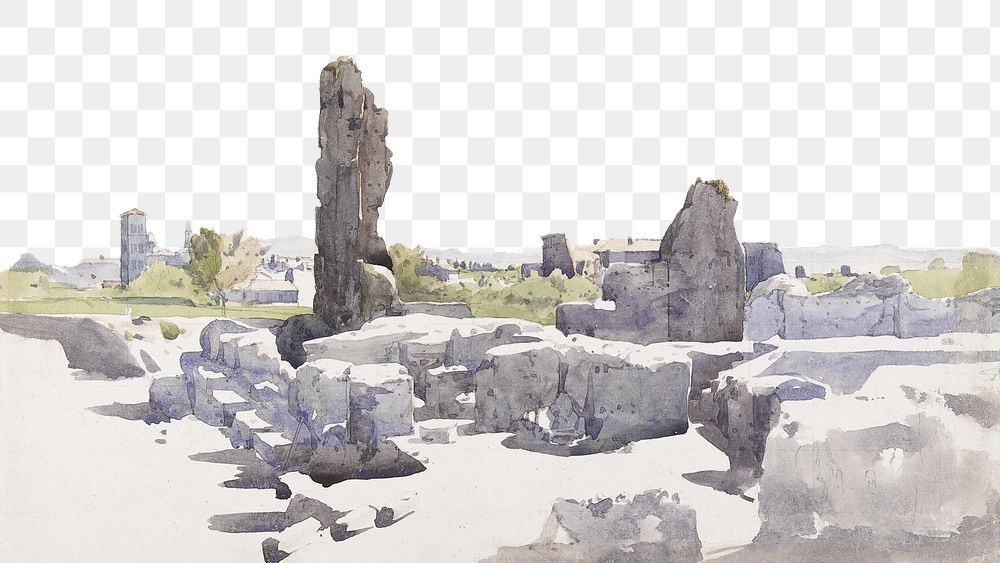 Italian ruins png watercolor border, transparent background. Remixed from Henri Joseph Harpignies artwork, by rawpixel.