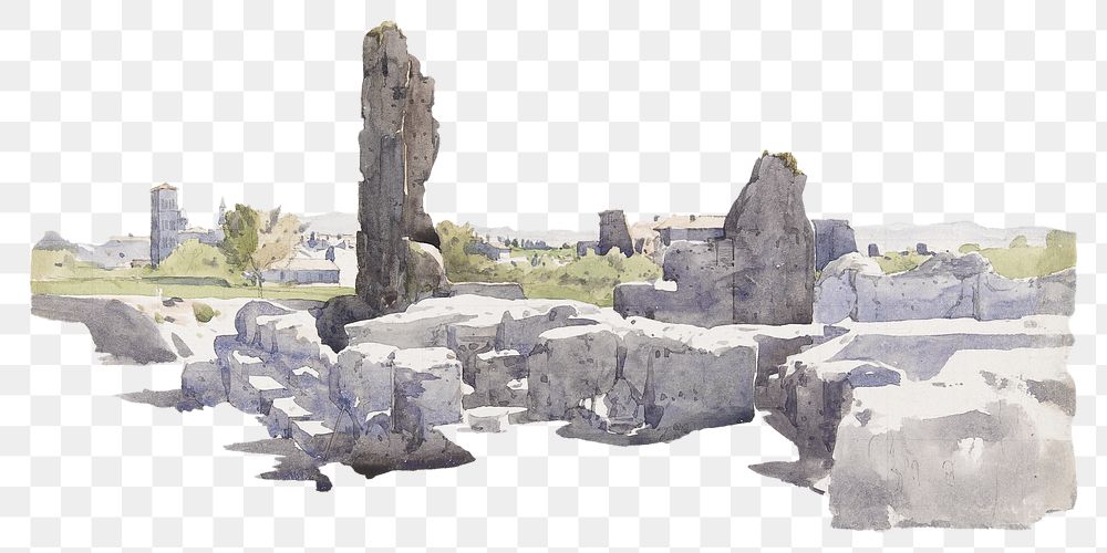 Italian ruins png watercolor illustration element, transparent background. Remixed from Henri Joseph Harpignies artwork, by…