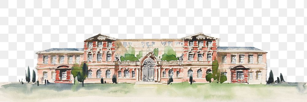 School architecture png watercolor border, transparent background. Remixed from Whitney Warren Jr  artwork, by rawpixel.