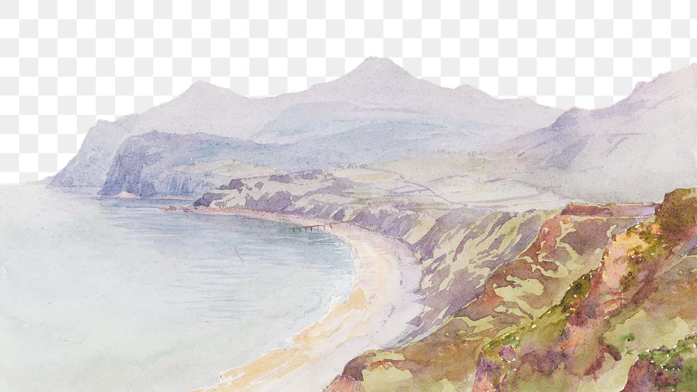 Welsh coast png watercolor border, transparent background. Remixed from George Elbert Burr artwork, by rawpixel.