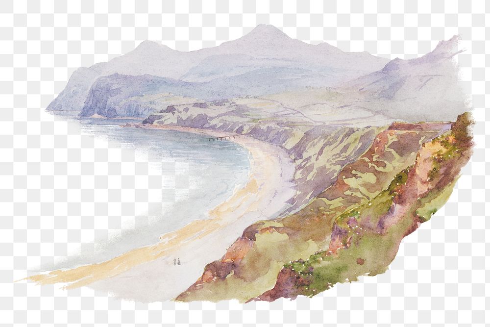 Welsh coast png watercolor illustration element, transparent background. Remixed from George Elbert Burr artwork, by…