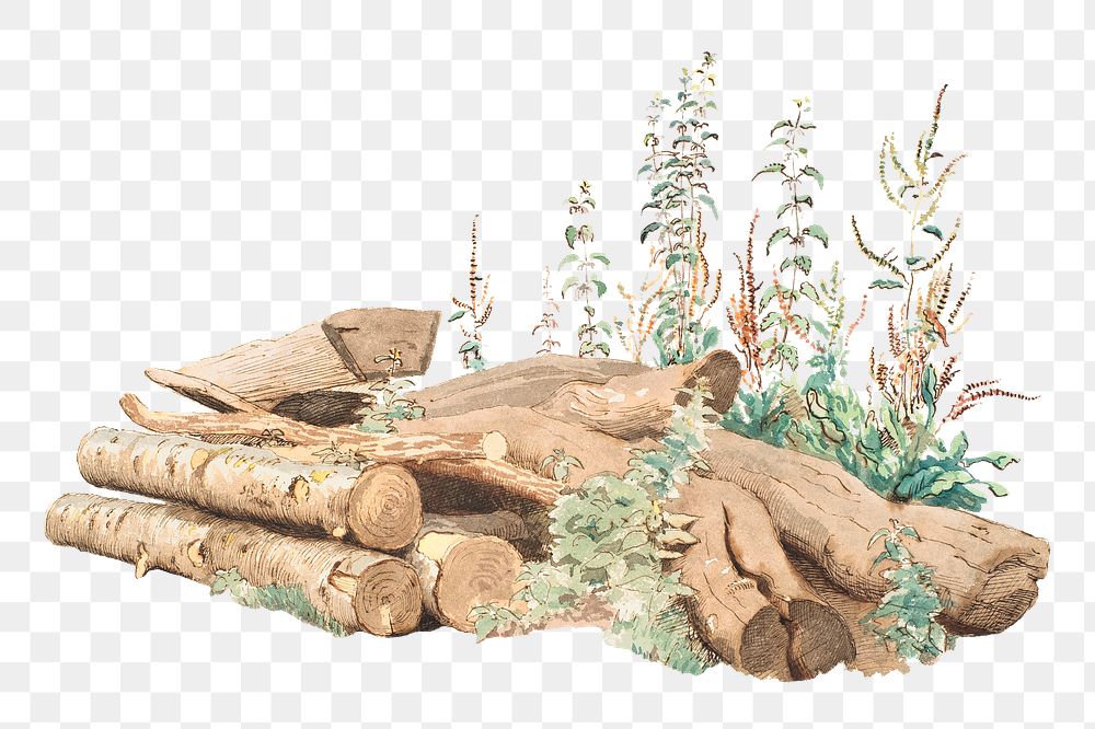 Wooden logs png watercolor illustration element, transparent background. Remixed from Johan Thomas Lundbye artwork, by…