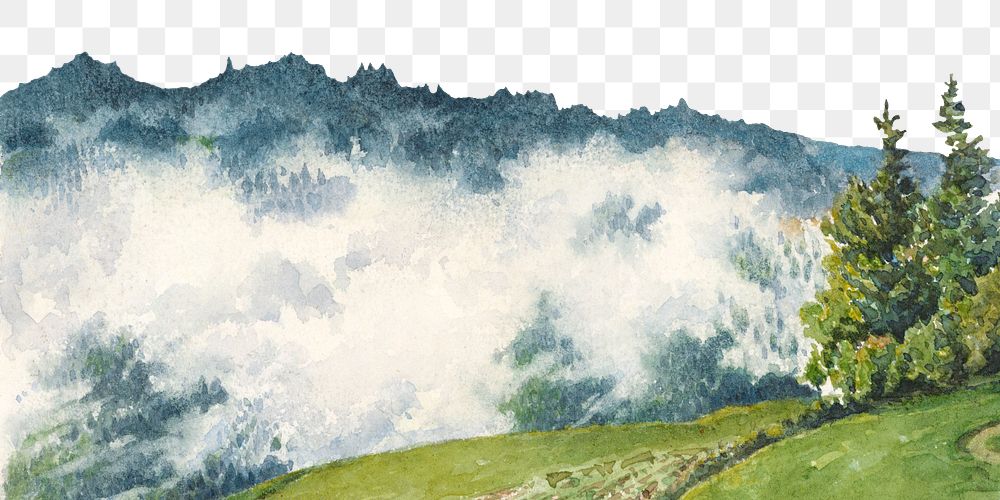 Misty mountain landscape png watercolor border, transparent background. Remixed from vintage artwork by rawpixel.
