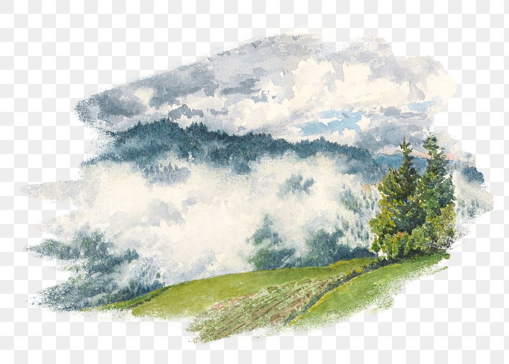 Misty mountain landscape png watercolor illustration element, transparent background. Remixed from vintage artwork by…