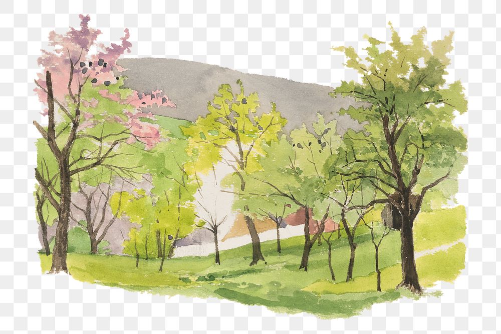 Blooming trees png watercolor illustration element, transparent background. Remixed from Jan Novopacký artwork, by rawpixel.