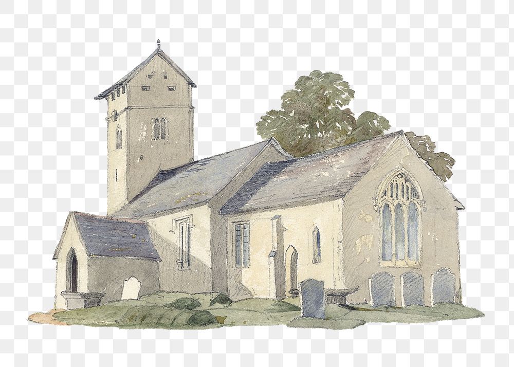 Old church png watercolor illustration element, transparent background. Remixed from Rev. James Bulwer artwork, by rawpixel.