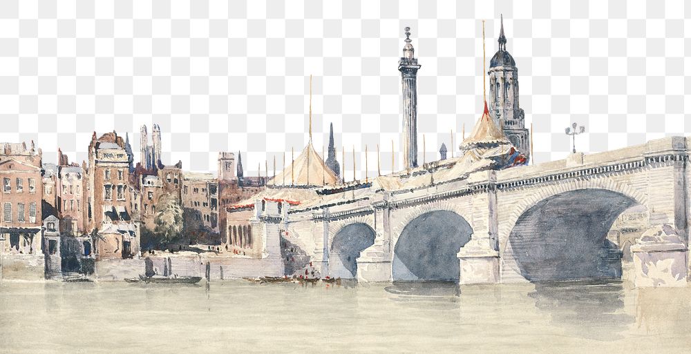 New London Bridge png watercolor border, transparent background. Remixed from David Cox artwork, by rawpixel.