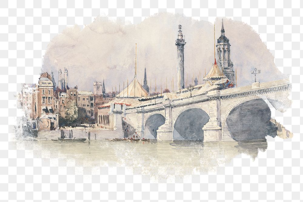 New London Bridge png watercolor illustration element, transparent background. Remixed from David Cox artwork, by rawpixel.