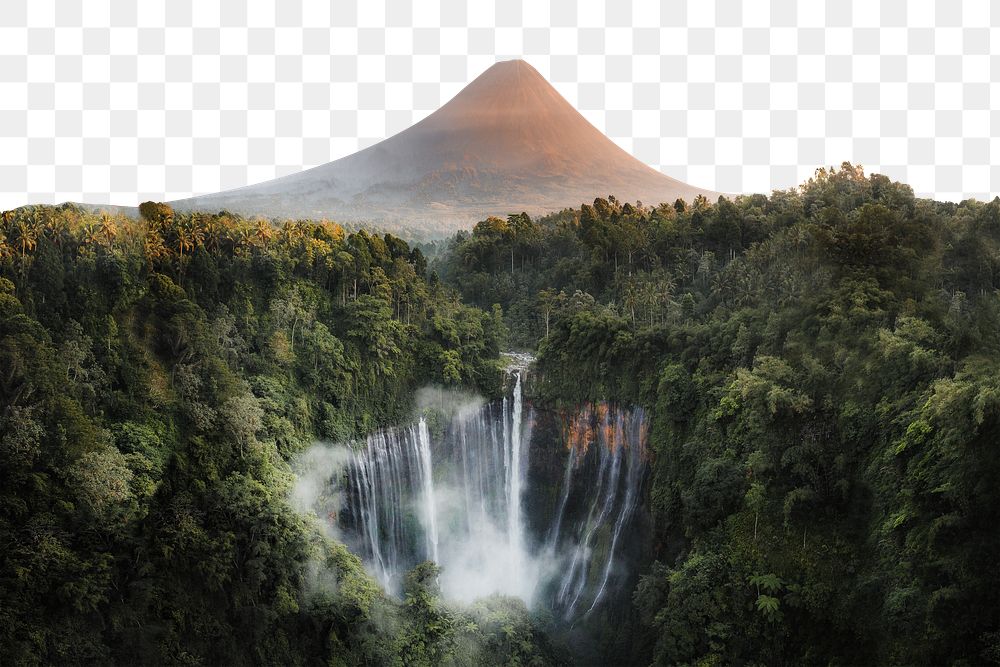 PNG View of Mount Bromo and Tumpak Sewu Waterfalls, Indonesia collage element, transparent background
