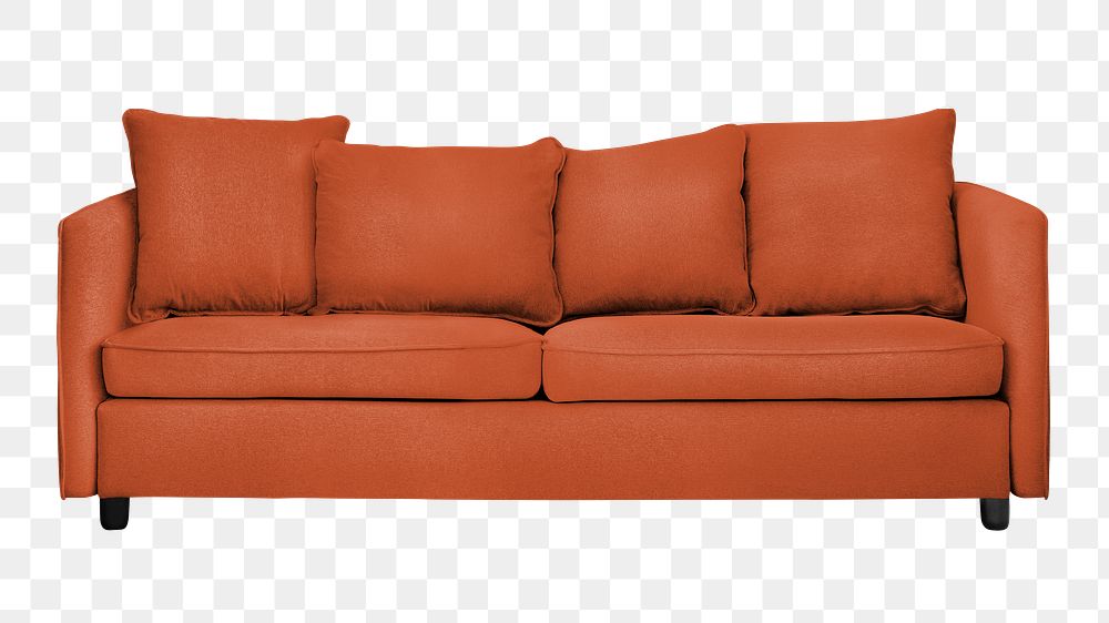 Orange couch png living room furniture, transparent background