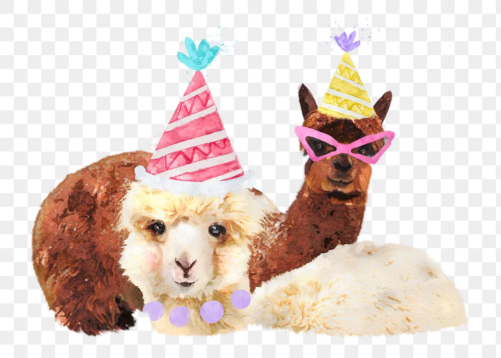 PNG birthday alpacas, collage element, transparent background