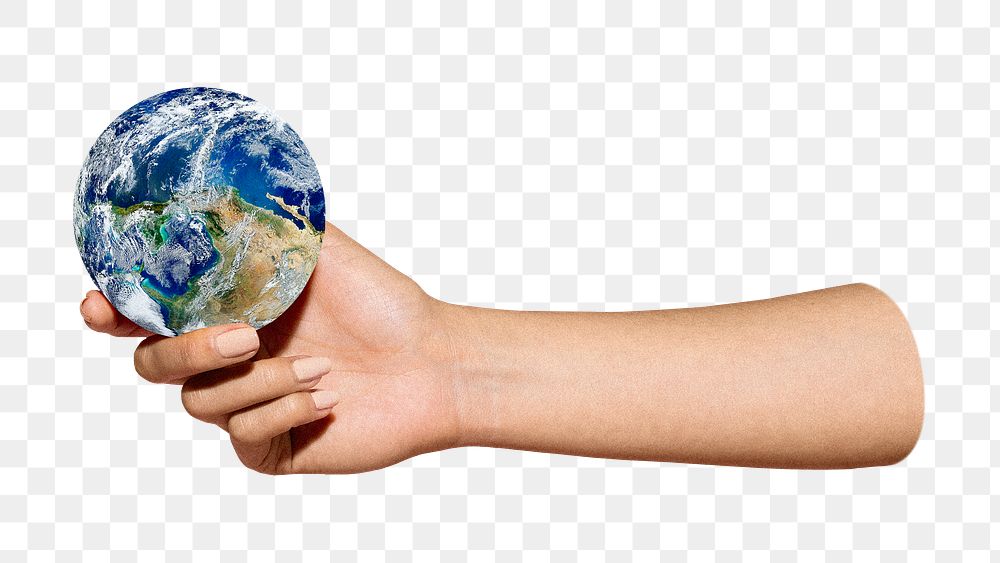 Png hand holding globe, transparent background