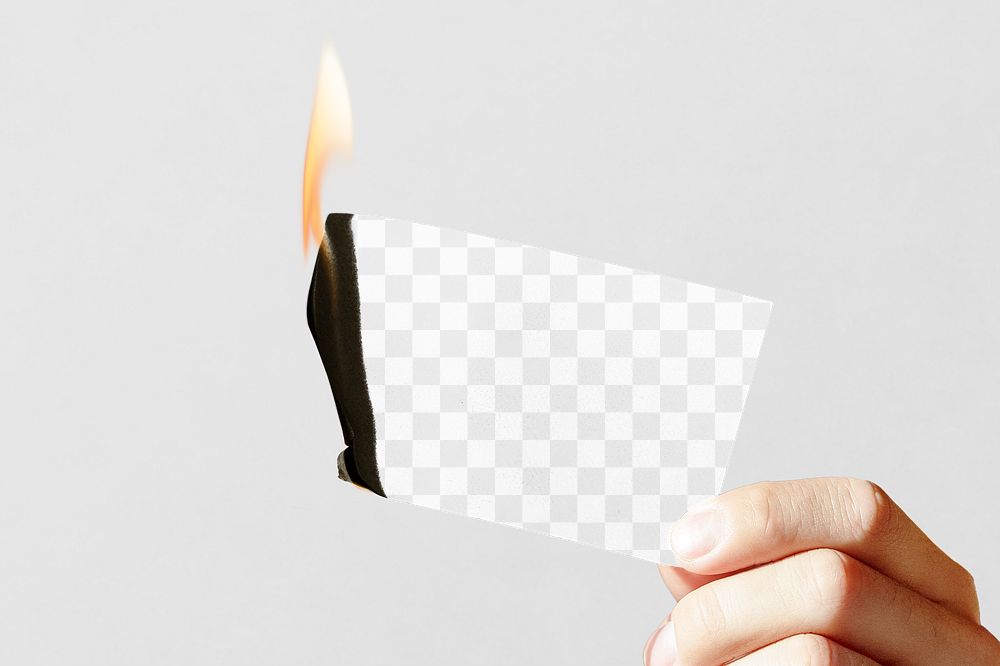 Business card png transparent mockup, burning flame sticker, transparent background