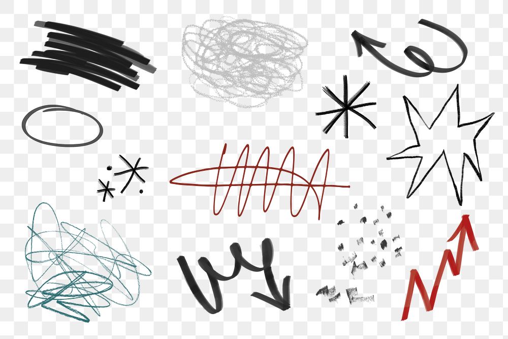 Messy png scribble element set, transparent background