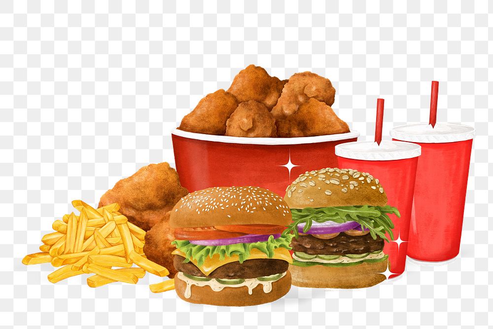 Fast food set png, fried chicken, burgers & fries, transparent background