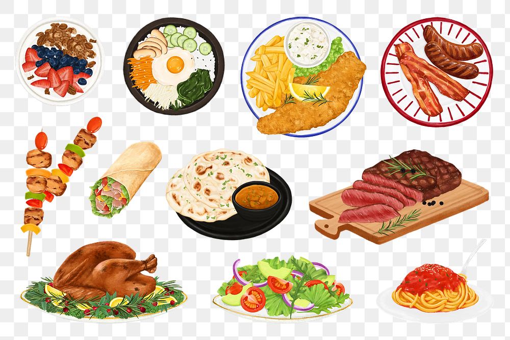 Famous international dishes png, food illustration set9589292