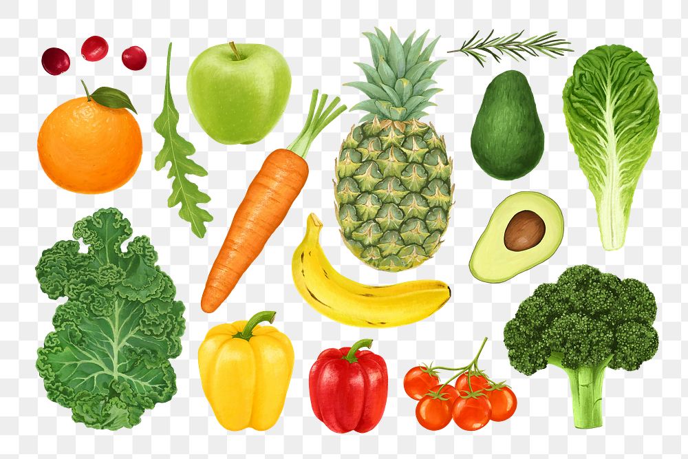 Fruits & vegetables png sticker, healthy food ingredients illustration set, transparent background