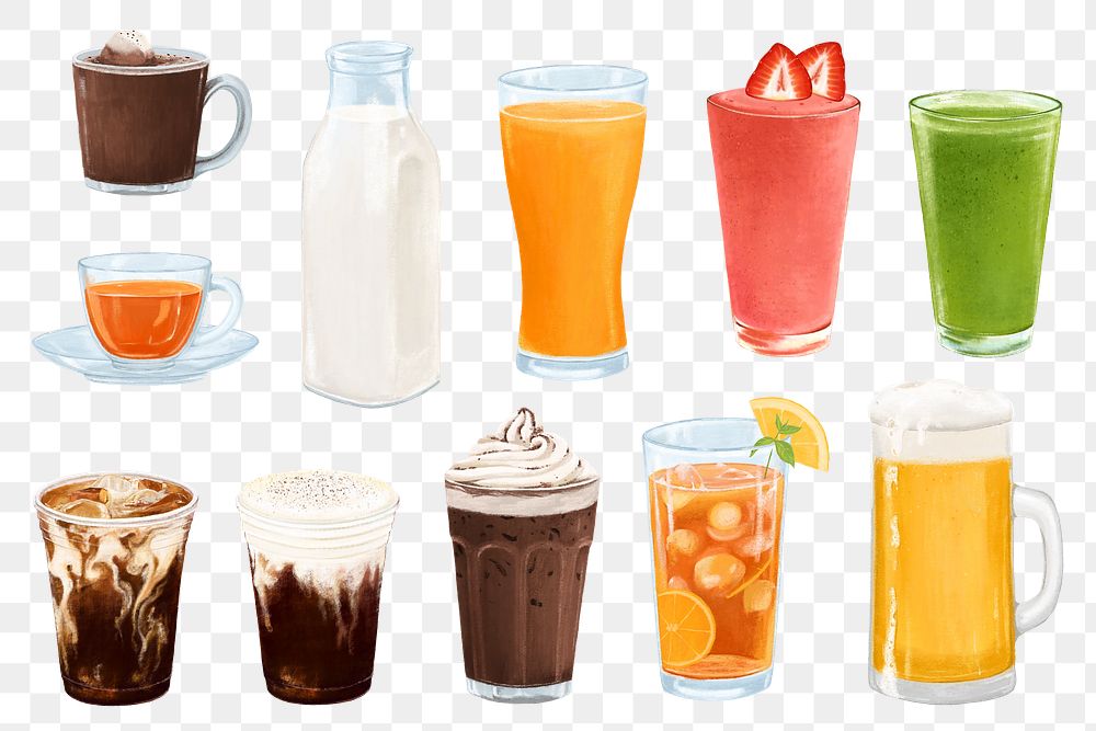 Healthy drinks png sticker, coffee & dairy beverages illustration set, transparent background