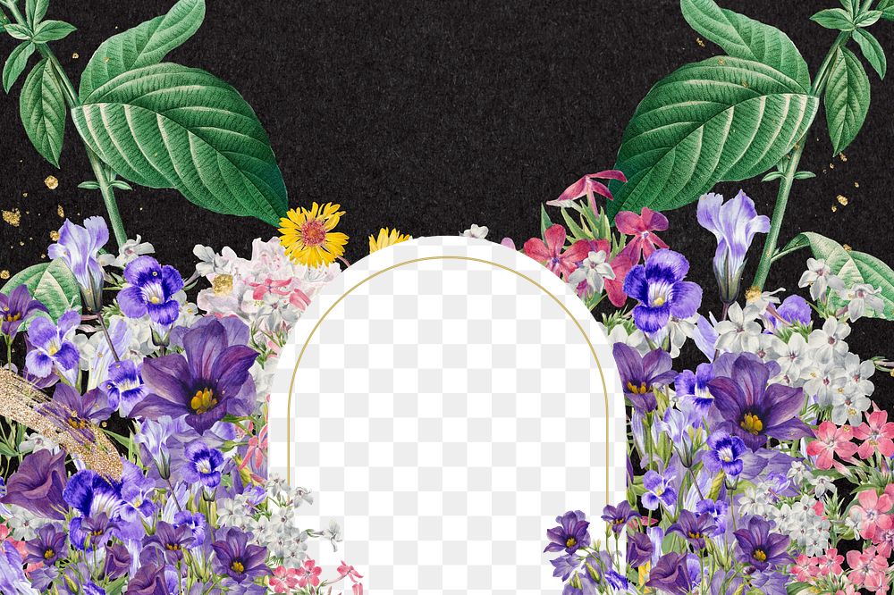 Purple flower field png frame, arch shaped, transparent design