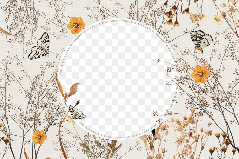 Autumn aesthetic png frame, leaf branch and butterfly collage, transparent design