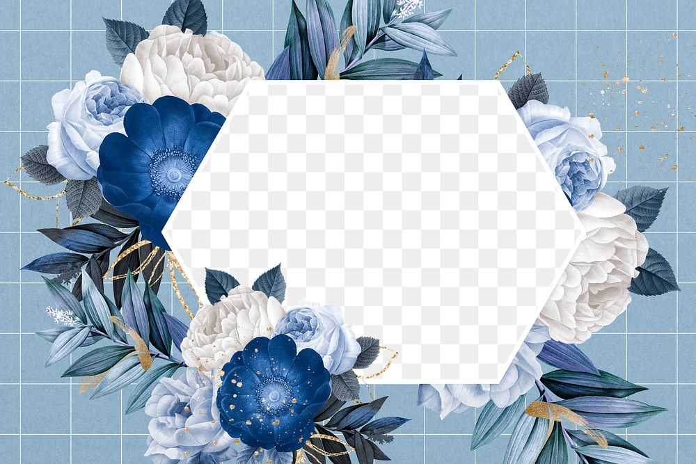 Winter flower png fame, blue anemone botanical collage, transparent design