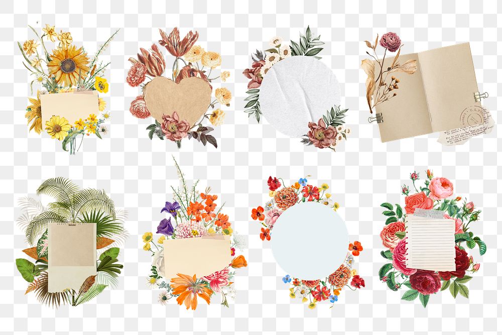 Note paper badge png, aesthetic flower collage element set on transparent background