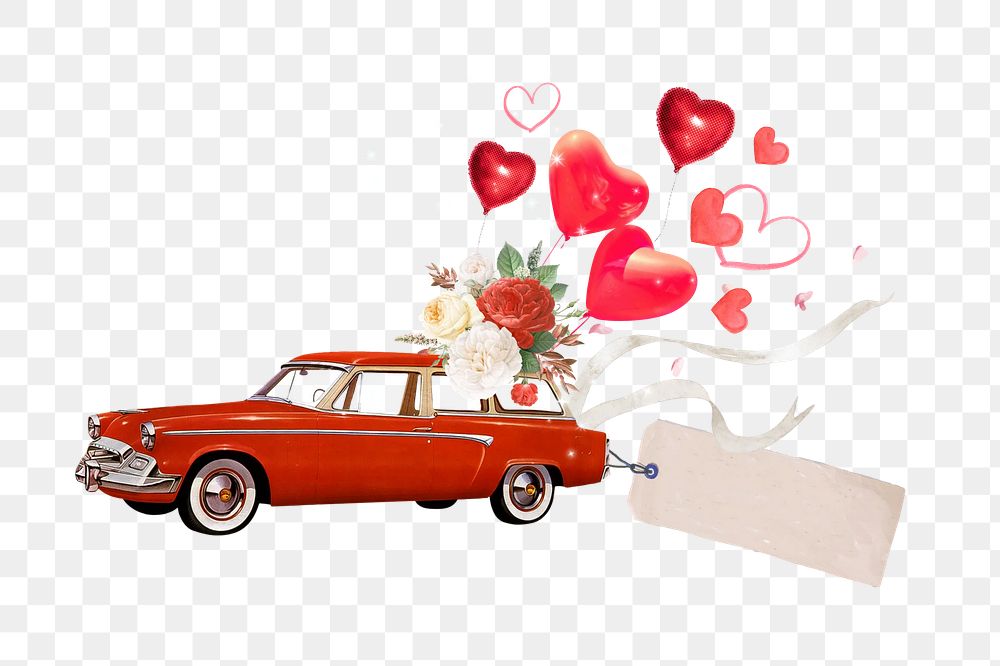Wedding getaway car png, heart balloons remix, transparent background