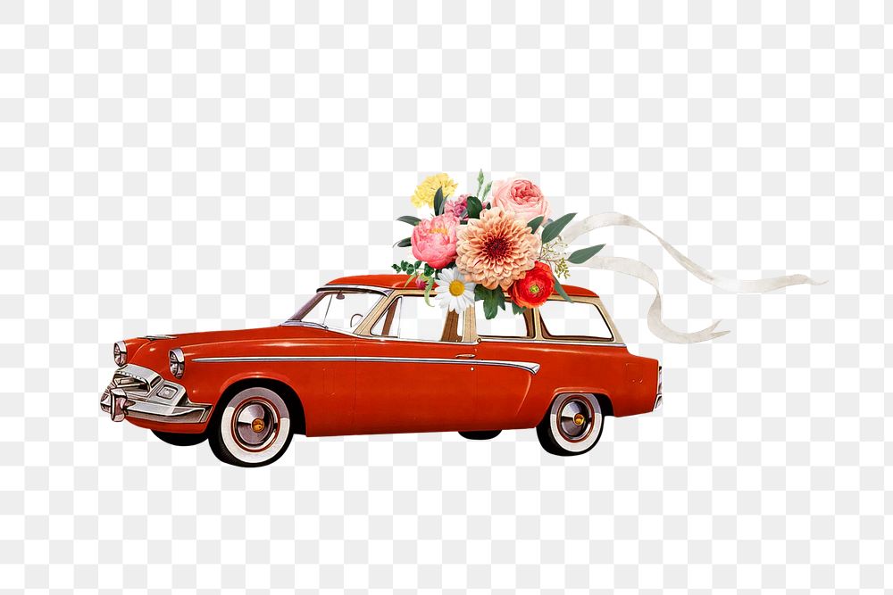 Wedding getaway car png, flower bouquet remix, transparent background