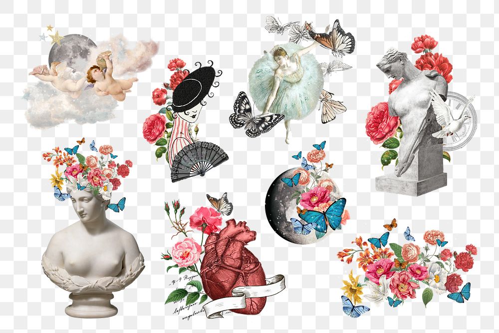 Aesthetic vintage png sculpture, flower set, transparent background. Remixed by rawpixel.