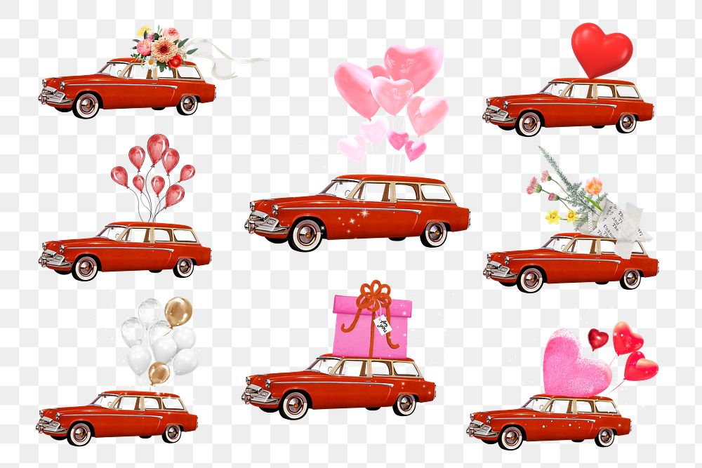 Valentine's celebration car png element, floating heart balloons collage art set