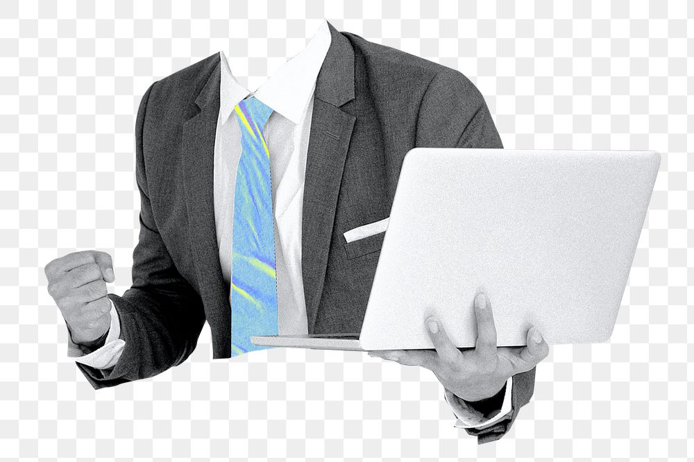 Businessman holding laptop png, transparent background