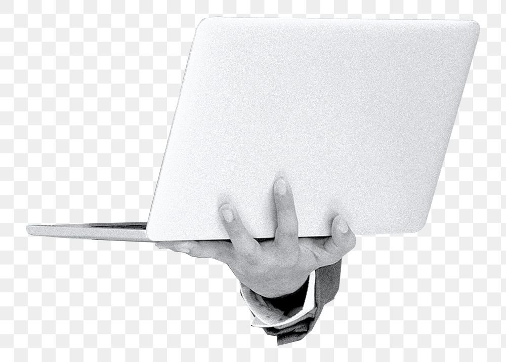 Hand holding laptop png, transparent background