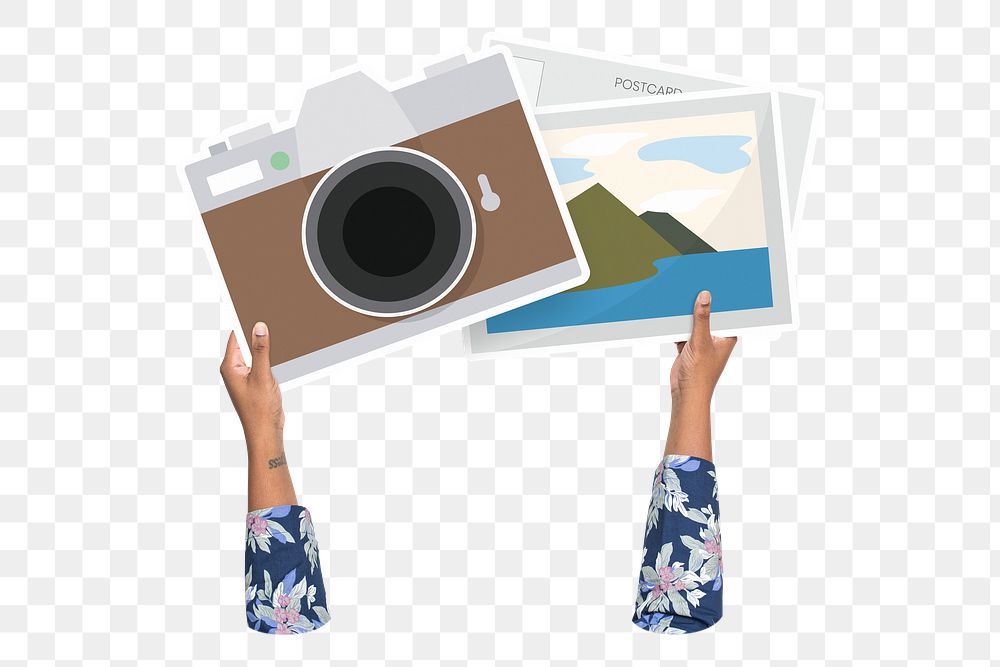 Hand holding camera png, transparent background