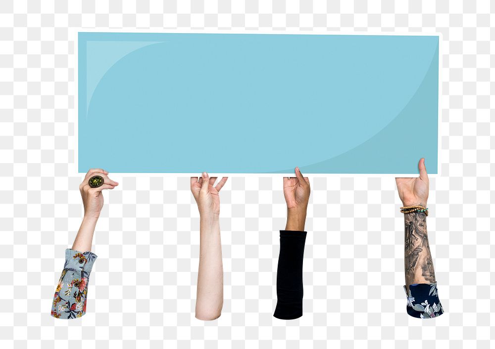 Hand holding png blank sign, transparent background