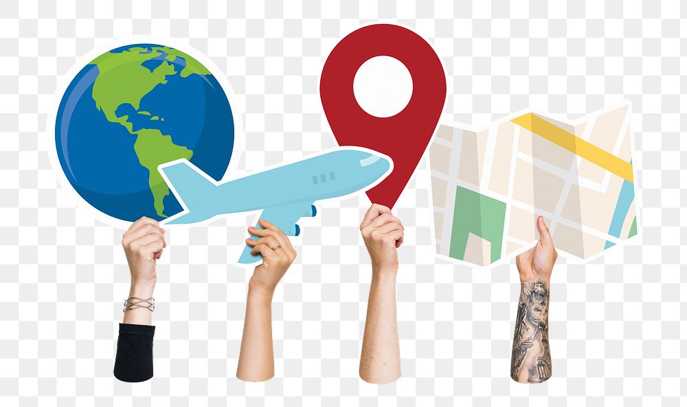 Hands holding png travel icons clipart, transparent background