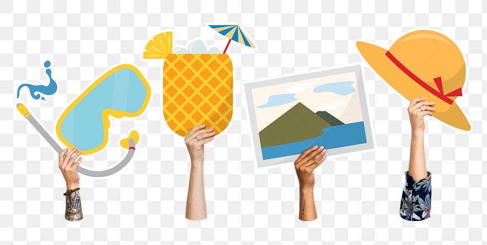 Hands holding png beach icons clipart, transparent background
