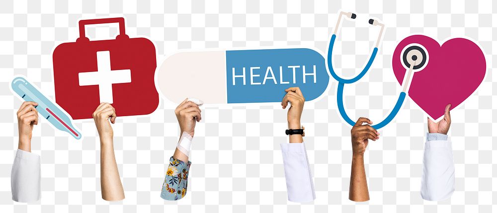 Hands holding png healthcare icons clipart, transparent background
