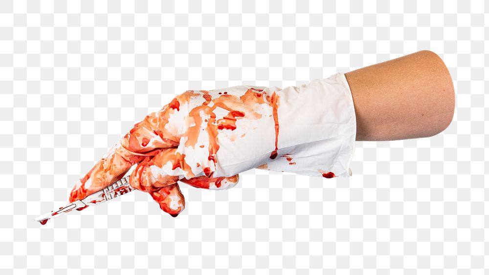 Png Bloody gloved hand holding scalpel, transparent background