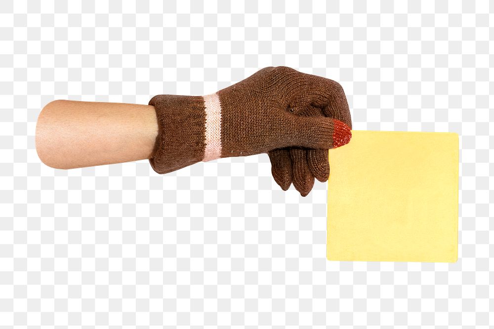 Png gloved hand holding sticky note, transparent background