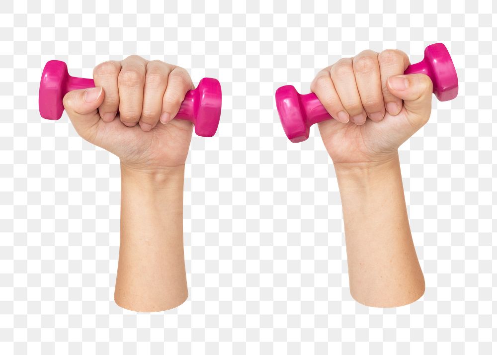 PNG hand holding dumbbells, collage element, transparent background