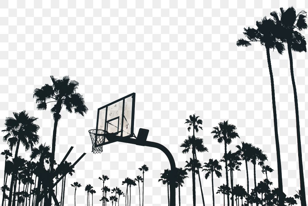 PNG silhouettes of a basketball court and numerous palm trees collage element, transparent background
