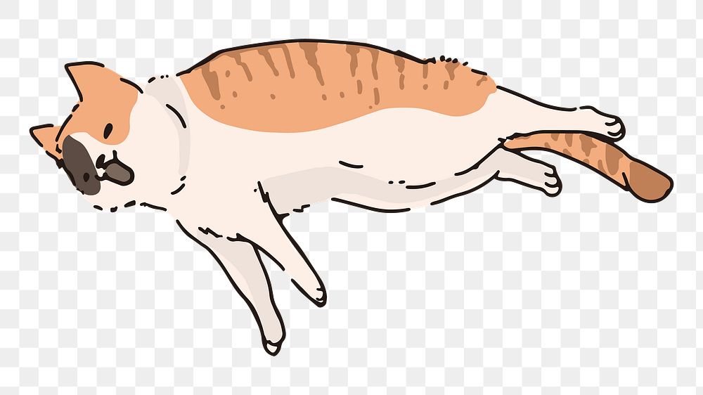 Png happy cat laying doodle sticker, transparent background