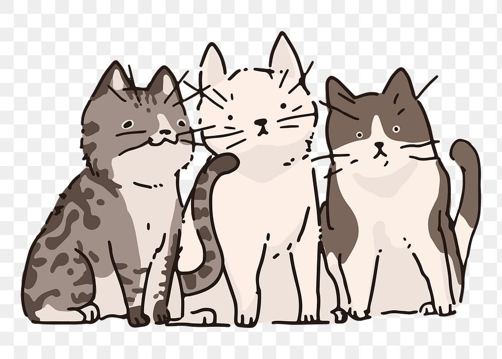 Png three cute cats doodle sticker, transparent background