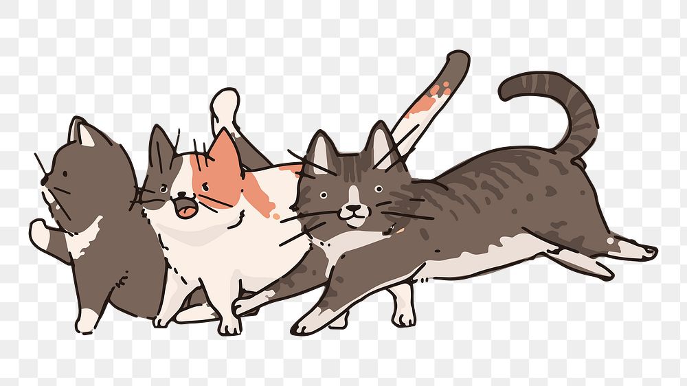 Png cats walking doodle sticker, transparent background