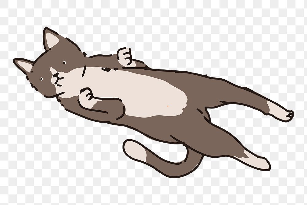 Png gray cat belly flop doodle sticker, transparent background