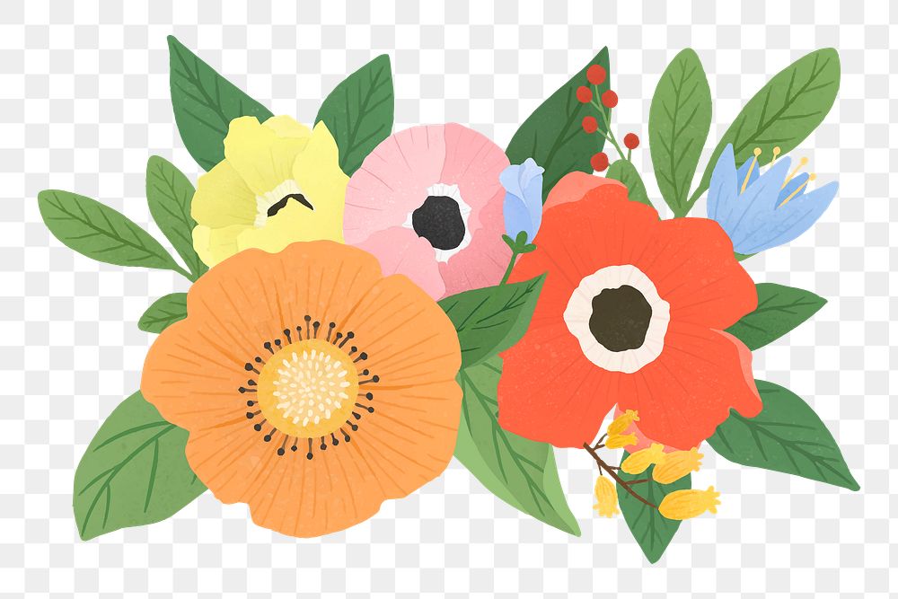 Png flowers bundle hand drawn sticker, transparent background