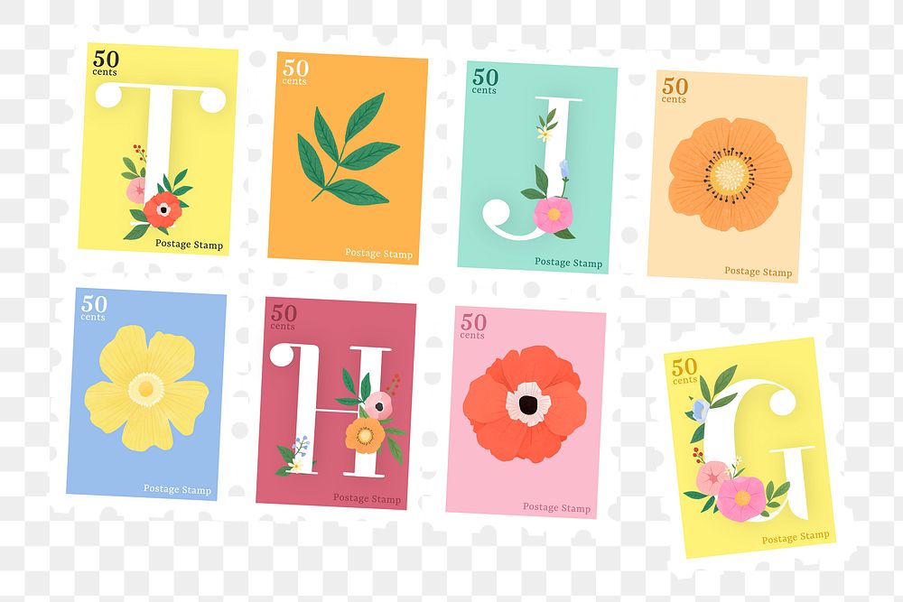 Elegant floral letter stamps png, transparent background